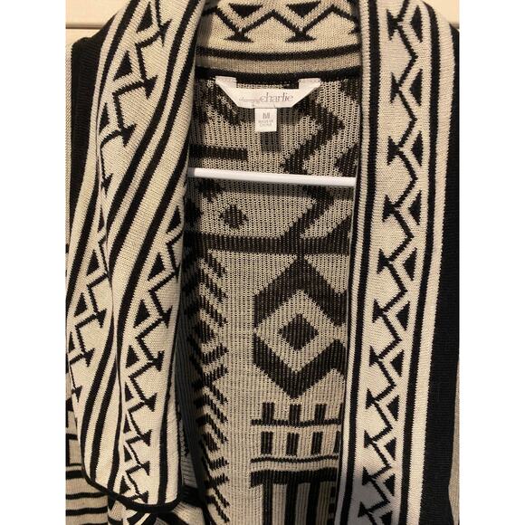 Charming Charlie Open Front Cardigan Vest Medium Black Cream Boho Aztec Tribal - Picture 4 of 5